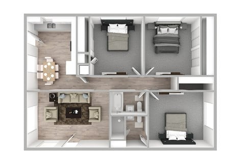 A 3D floor plan of a small apartment with a living room, kitchen, and two bedrooms.